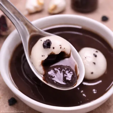 For a realistic style image of a spoon with some food in it,<lora:Tang_yuan:0.85>,chocolate jam filling  ,