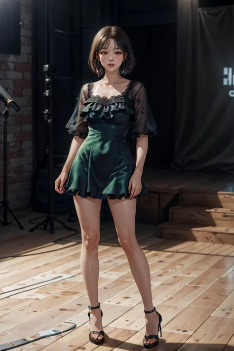 highres,absurdres,masterpiece,best quality,original,extremely detailed CG,extremely detailed wallpaper,perfect lighting,blurry background,Standing on the stage,
<lora:Micro Mini Dress By Stable Yogi:0.7>,micro mini dress,frills,lace,