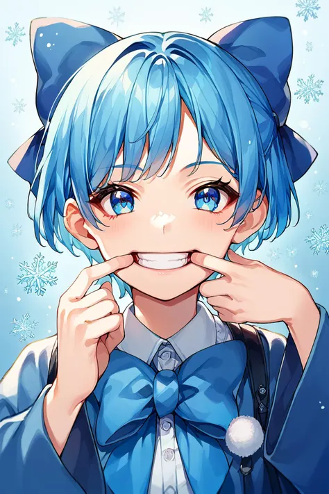 score_9, score_8_up, score_7_up, source_anime, <lora:Concept_-_better_cheek_pinching_and_mouth_pull_Pony:1>, good fingers, five fingers, best quality, high quality, 1girl, solo, bow, blue hair, blue eyes, hair bow, smile, short hair, snowflakes, blue bow, looking at viewer, grin, mouth pull, mouth stretching, self mouth stretching