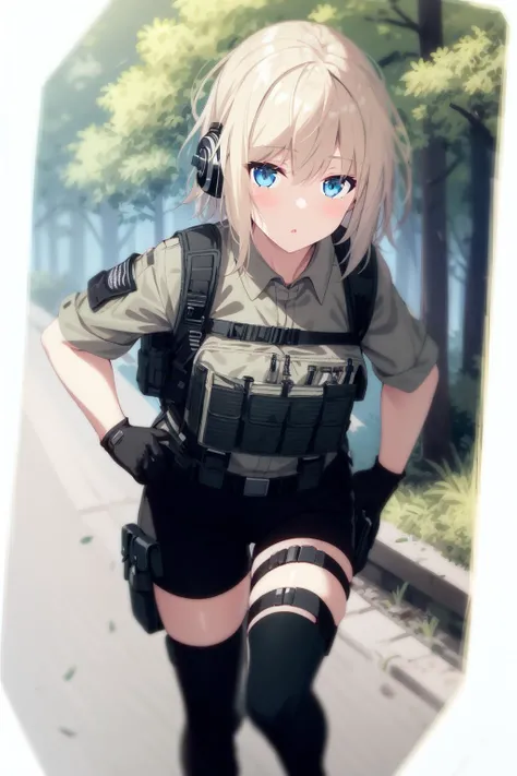 photo of a iom girl, 1girl, bangs, blond hair, blue eyes, bulletproof vest, gloves, headphones, holster, looking at viewer, medium hair, military, plate carrier, tactical clothes, (black and khaki clothes),  thigh holster, thigh strap, forest, running, black backpack, outdoors,