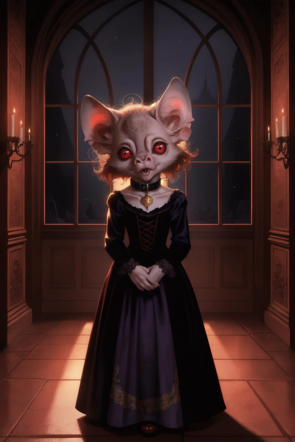 cinematic_composition, dim_red_lighting, shadows, indigo_silhouette_lighting, terrifying, horror,
<lora:batfv1a:0.8>, 1girl, cute vampire_bat_girl, glowing_red_eyes, sneer, vampire, elegant_black_gown, high_collar, leering, full_body, tilting_head, holding_wine_glass full of blood, standing in the hall of a baroque_castle with red and gold tapestries, dark and stormy night outside the gothic windows,