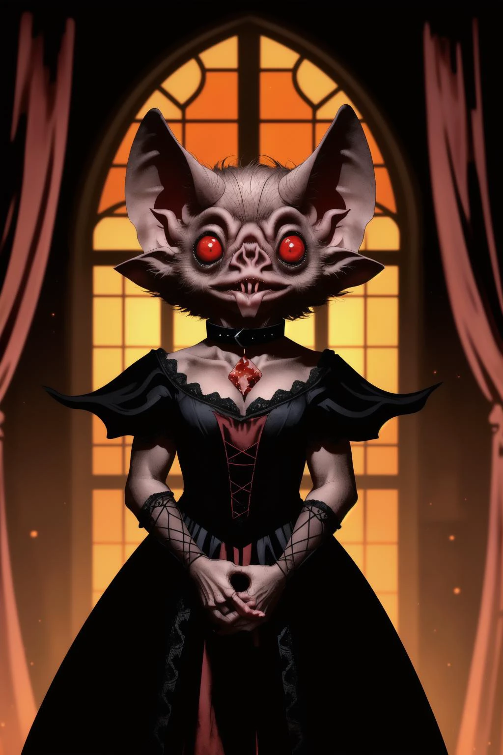 cinematic_composition, dim_red_lighting, shadows, indigo_silhouette_lighting, terrifying, horror,
<lora:batfv1a:0.8>, 1girl, cute vampire_bat_girl, glowing_red_eyes, sneer, vampire, elegant_black_gown, high_collar, leering, full_body, tilting_head, holding_wine_glass full of blood, standing in the hall of a baroque_castle with red and gold tapestries, dark and stormy night outside the gothic windows,