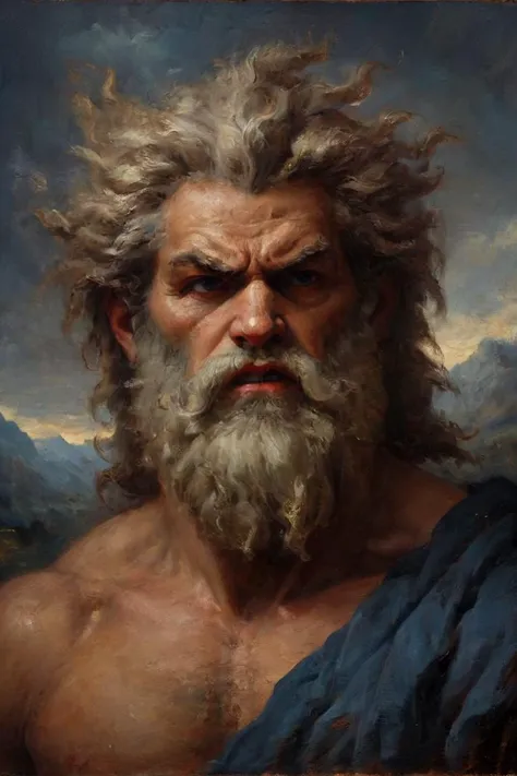 angry zeus, anthropomorphic with a face, oil painting