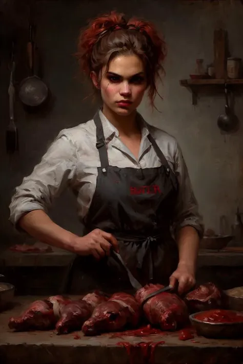 Seductive Female Butcher, her hair is Chestnut