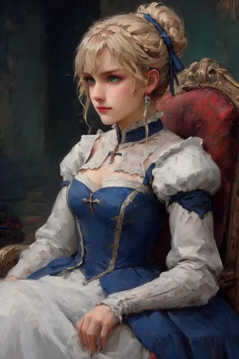 Professional oil painting, official art, best quality, high quality, masterpiece,
BREAK
artoria pendragon \(fate\), saber, elegant, sublime, Luxurious, Gorgeous, strong, brave, courageous, bold, British charm, English elegance, beautiful detailed face, beautiful detailed eyes, (green eyes:1.4), beautiful blonde hair, extremely detailed hair, ahoge, sidelocks, hair bun, single hair bun, hair ribbon, blue ribbon, braid, perfect anatomy, good hands, perfect hands,
BREAK
Long sleeve wedding dress, designed by Ashley Williams and Robert Neubecker,