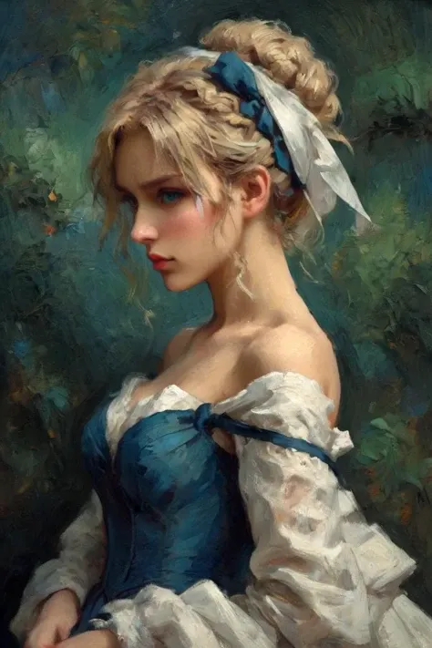 Professional oil painting, official art, emotional portrait, best quality, high quality, amazing quality, masterpiece, UHD,
BREAK
in the style of Vincent van Gogh,
BREAK
artoria pendragon \(fate\), saber, extremely beautiful, elegant, photogenic, Luxurious, Gorgeous, brave, courageous, bold, beautiful detailed face, beautiful detailed eyes, (green eyes:1.3), beautiful blonde hair, extremely detailed hair, ahoge, sidelocks, hair bun, single hair bun, hair ribbon, blue ribbon, braid, perfect anatomy, good hands, perfect hands,
BREAK
One-shoulder wedding dress, designed by Glenn Martens and Emilio Giuseppe Dossena,  British charm, English elegance, dynamic pose, fashionable, floral, Excalibur,
BREAK
vivid colors, fine brushwork, impasto, thick brush strokes, dynamic angle, Depth of Field, Gallery-Worthy Visuals, Artistic Depth and Dimension,