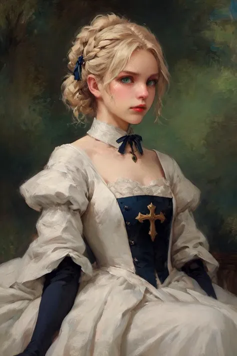 Professional oil painting, official art, best quality, high quality, masterpiece,
BREAK
artoria pendragon \(fate\), saber, elegant, luscious, Luxurious, Gorgeous, strong, brave, courageous, bold, British charm, English elegance, beautiful detailed face, beautiful detailed eyes, (green eyes:1.4), beautiful blonde hair, extremely detailed hair,  ahoge, sidelocks, hair bun, single hair bun, hair ribbon, blue ribbon, braid, perfect anatomy, good hands, perfect hands,
BREAK
Princess wedding dress, designed by Arthur Arbesser and Bill Gekas,