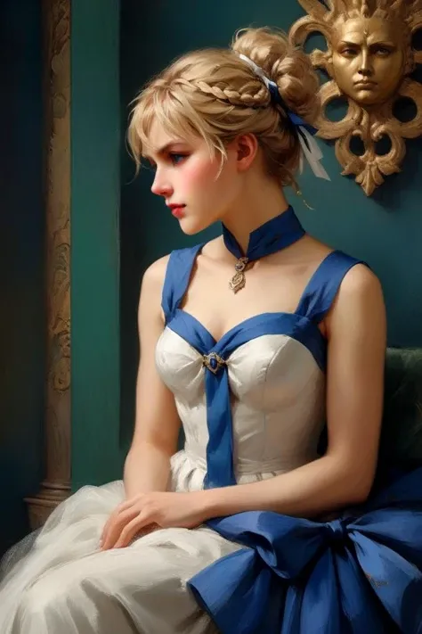 Professional oil painting, official art, best quality, high quality, amazing quality, masterpiece, UHD, HDR,
BREAK
artoria pendragon \(fate\), saber, extremely beautiful, lost in thought, elegant, glorious, Luxurious, Gorgeous, brave, courageous, bold, beautiful detailed face, beautiful detailed eyes, (green eyes:1.3), beautiful blonde hair, extremely detailed hair, ahoge, sidelocks, hair bun, single hair bun, hair ribbon, blue ribbon, braid, perfect anatomy, good hands, perfect hands,
BREAK
Sleeveless wedding dress, designed by Mary Katrantzou and Jeff Kinney,  British charm, English elegance, 
BREAK
rich color palette, vivid colors, natural color grading, Sophisticated Color Scheme, Saturated Colors, Complex Color Layering, Evocative Color Schemes, Luxurious Color Palette, sharp contrast, digital painting quality, Advanced Digital Techniques, cinematic quality, Dynamic Lighting, Enhanced Lighting Effects, subtle shadows, Complex Shading, Immersive Depth, Advanced Rendering, High-End Artistic Rendering, Elegant Composition, Cinematic Composition and Framing, Dynamic Lighting, Depth of Field, Depth and Perspective, dynamic angle, Gallery-Worthy Visuals, Artistic Depth and Dimension,