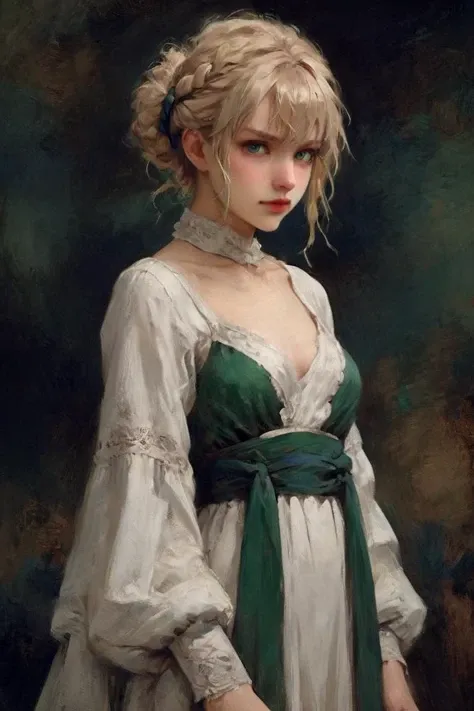 Professional oil painting, official art, best quality, high quality, masterpiece,
BREAK
artoria pendragon \(fate\), saber, elegant, pretty, Luxurious, Gorgeous, strong, brave, courageous, bold, British charm, English elegance, beautiful detailed face, beautiful detailed eyes, (green eyes:1.4), beautiful blonde hair, extremely detailed hair, ahoge, sidelocks, hair bun, single hair bun, hair ribbon, blue ribbon, braid, perfect anatomy, good hands, perfect hands,
BREAK
Bohemian wedding dress, designed by Haider Ackermann and Eddie Campbell,