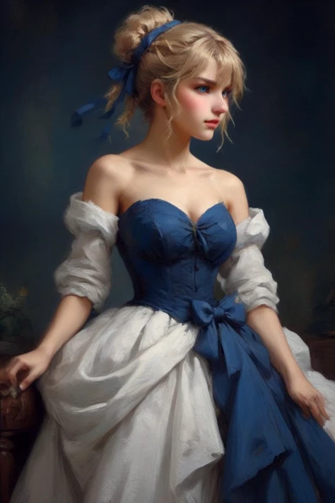Professional oil painting, official art, best quality, high quality, masterpiece, UHD, HDR,
BREAK
artoria pendragon \(fate\), saber, elegant, fetching, Luxurious, Gorgeous, brave, courageous, bold, beautiful detailed face, beautiful detailed eyes, green eyes, beautiful blonde hair, extremely detailed hair, ahoge, sidelocks, hair bun, single hair bun, hair ribbon, blue ribbon, braid, perfect anatomy, good hands, perfect hands,
BREAK
One-shoulder wedding dress, designed by Consuelo Castiglioni and Frans Snyders, British charm, English elegance,
