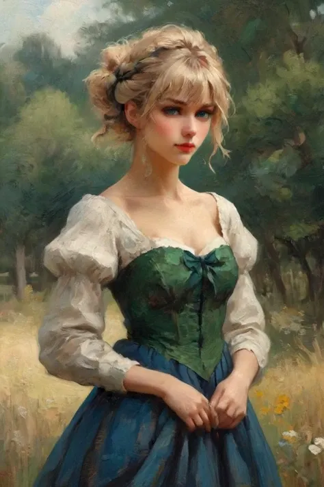 Professional oil painting, official art, emotional portrait, best quality, high quality, amazing quality, masterpiece, UHD,
BREAK
in the style of Vincent van Gogh,
BREAK
artoria pendragon \(fate\), saber, extremely beautiful, elegant, luscious, Luxurious, Gorgeous, brave, courageous, bold, beautiful detailed face, beautiful detailed eyes, (green eyes:1.3), beautiful blonde hair, extremely detailed hair, ahoge, sidelocks, hair bun, single hair bun, hair ribbon, blue ribbon, braid, perfect anatomy, good hands, perfect hands,
BREAK
Empire waist wedding dress, designed by Becca McCharen-Tran and StanisÅaw Szukalski,  British charm, English elegance, relaxed pose, fashionable, floral, Excalibur,
BREAK
vivid colors, fine brushwork, glazing, thick brush strokes, dynamic angle, Depth of Field, Gallery-Worthy Visuals, Artistic Depth and Dimension,