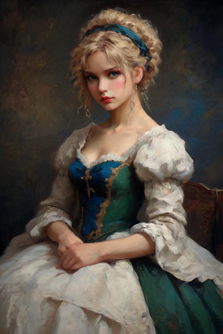 A painting of a woman in a green dress sitting on a chair - SeaArt AI
