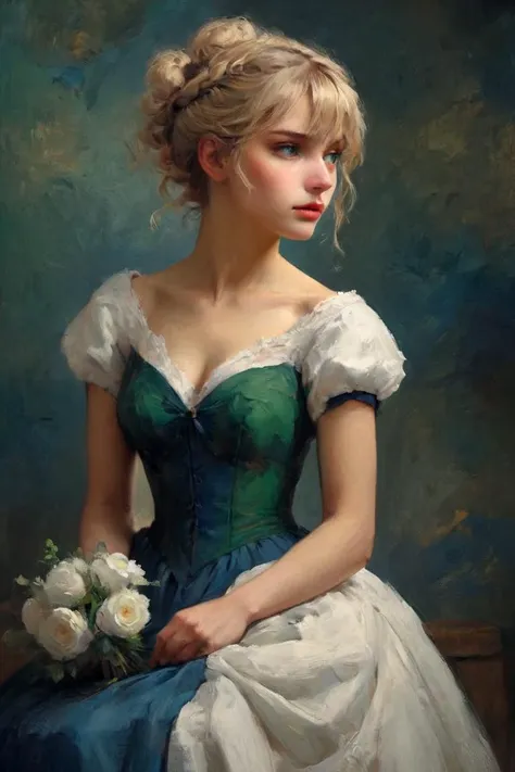 Professional oil painting, official art, emotional portrait, best quality, high quality, amazing quality, masterpiece, UHD,
BREAK
in the style of Vincent van Gogh,
BREAK
artoria pendragon \(fate\), saber, extremely beautiful, elegant, hot, Luxurious, Gorgeous, brave, courageous, bold, beautiful detailed face, beautiful detailed eyes, (green eyes:1.3), beautiful blonde hair, extremely detailed hair, ahoge, sidelocks, hair bun, single hair bun, hair ribbon, blue ribbon, braid, perfect anatomy, good hands, perfect hands,
BREAK
Cap sleeve wedding dress, designed by Jacquemus and Andreas Rocha,  British charm, English elegance, dynamic pose, fashionable, floral, Excalibur,
BREAK
vivid colors, fine brushwork, chiaroscuro, rich oil paint, dynamic angle, Depth of Field, Gallery-Worthy Visuals, Artistic Depth and Dimension,