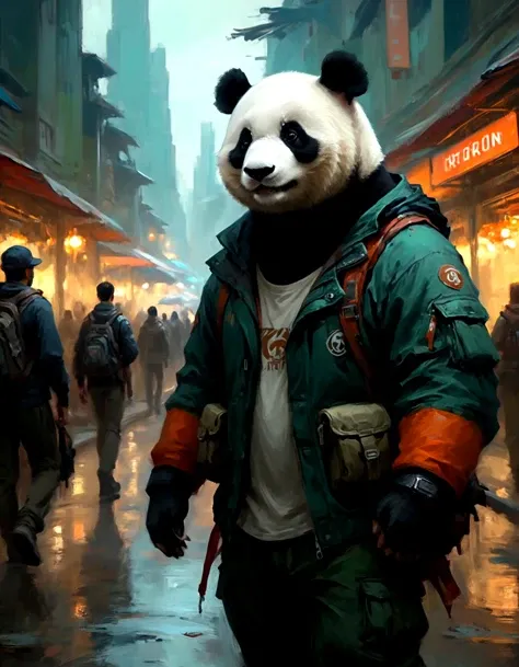 ethereal fantasy concept art of techwear fashion (anthro humanoid giant panda furry male:1.3), being looked at by a group of people, he is in awe, he is wearing a hiking gears, jacket, pants, hiking boots, hiking gloves, his hiking gears, jacket, pants, hiking boots, hiking gloves is Moody and is detailed with bits of Steel and Silk Velvet, Side swept hair, Ultrarealistic, soft light, Muted Colors, by john william waterhouse, charlie bowater, agnes cecile, Mucha and Gabriel Ferrier, gothic, intricate details. futuristic, cyberpunk, urban, tactical, sleek, dark, highly detailed. magnificent, celestial, ethereal, painterly, epic, majestic, magical, fantasy art, cover art, dreamy, elegant, cinematic, mystical, full, very impressive, inspiring, beautiful, artistic, enhanced, deep color, illuminated, sharp focus, amazing composition, magic background, breathtaking, incredible lovely colors, colorful, fantastic atmosphere, ambient, glowing rich vivid dynamic dramatic shiny surreal, perfect