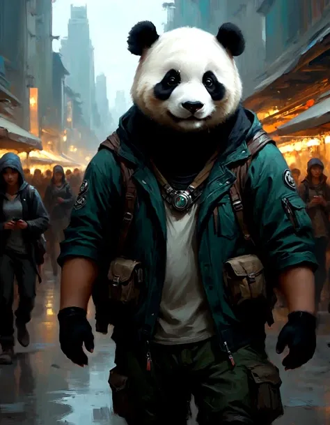 ethereal fantasy concept art of techwear fashion (anthro humanoid giant panda furry male:1.3), being looked at by a group of people, he is in awe, he is wearing a hiking gears, jacket, pants, hiking boots, hiking gloves, his hiking gears, jacket, pants, hiking boots, hiking gloves is Moody and is detailed with bits of Steel and Silk Velvet, Side swept hair, Ultrarealistic, soft light, Muted Colors, by john william waterhouse, charlie bowater, agnes cecile, Mucha and Gabriel Ferrier, gothic, intricate details. futuristic, cyberpunk, urban, tactical, sleek, dark, highly detailed. magnificent, celestial, ethereal, painterly, epic, majestic, magical, fantasy art, cover art, dreamy, elegant, cinematic, mystical, full, very impressive, inspiring, beautiful, artistic, enhanced, deep color, illuminated, sharp focus, amazing composition, magic background, breathtaking, incredible lovely colors, colorful, fantastic atmosphere, ambient, glowing rich vivid dynamic dramatic shiny surreal, perfect