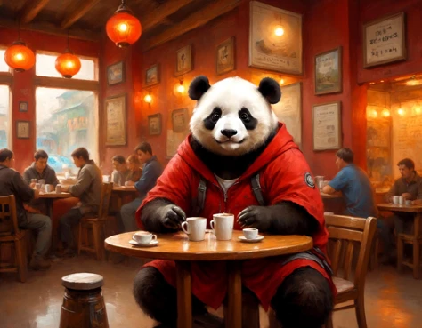 ethereal fantasy concept art of  anthro humanoid giant panda male furry in coffee shop, has mechanical arms, mechanical hands, mechanical legs and mechanical boots, wears short sleeves red hoodie saying "404", cloak, oversized clothes, dim lighting . magnificent, celestial, ethereal, painterly, epic, majestic, magical, fantasy art, cover art, dreamy