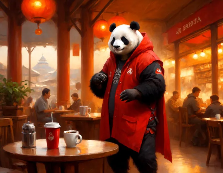 ethereal fantasy concept art of anthro humanoid giant panda male furry in coffee shop, has mechanical arms, mechanical hands, mechanical legs and mechanical boots, wears short sleeves red hoodie saying "404", cloak, oversized clothes, dim lighting . magnificent, celestial, ethereal, painterly, epic, majestic, magical, fantasy art, cover art, dreamy