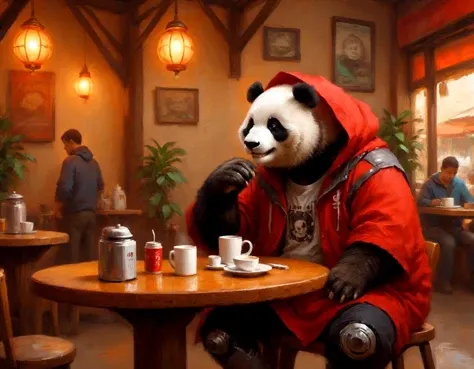 ethereal fantasy concept art of anthro humanoid giant panda male furry in coffee shop, has mechanical arms, mechanical hands, mechanical legs and mechanical boots, wears short sleeves red hoodie saying "404", cloak, oversized clothes, dim lighting . magnificent, celestial, ethereal, painterly, epic, majestic, magical, fantasy art, cover art, dreamy