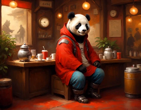 ethereal fantasy concept art of  anthro humanoid giant panda male furry in coffee shop, has mechanical arms, mechanical hands, mechanical legs and mechanical boots, wears short sleeves red hoodie saying "404", cloak, oversized clothes, dim lighting . magnificent, celestial, ethereal, painterly, epic, majestic, magical, fantasy art, cover art, dreamy