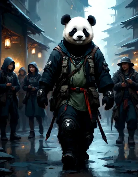 ethereal fantasy concept art of techwear fashion (anthro humanoid giant panda furry male:1.3), being looked at by a group of people, he is in awe, he is wearing a hiking gears, jacket, pants, hiking boots, hiking gloves, his hiking gears, jacket, pants, hiking boots, hiking gloves is Moody and is detailed with bits of Steel and Silk Velvet, Side swept hair, Ultrarealistic, soft light, Muted Colors, by john william waterhouse, charlie bowater, agnes cecile, Mucha and Gabriel Ferrier, gothic, intricate details. futuristic, cyberpunk, urban, tactical, sleek, dark, highly detailed. magnificent, celestial, ethereal, painterly, epic, majestic, magical, fantasy art, cover art, dreamy, elegant, cinematic, mystical, full, very impressive, inspiring, beautiful, artistic, enhanced, deep color, illuminated, sharp focus, amazing composition, magic background, breathtaking, incredible lovely colors, colorful, fantastic atmosphere, ambient, glowing rich vivid dynamic dramatic shiny surreal, perfect