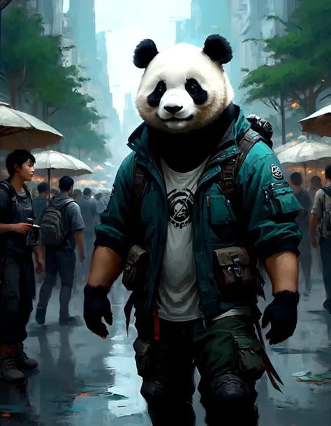 ethereal fantasy concept art of techwear fashion (anthro humanoid giant panda furry male:1.3), being looked at by a group of people, he is in awe, he is wearing a hiking gears, jacket, pants, hiking boots, hiking gloves, his hiking gears, jacket, pants, hiking boots, hiking gloves is Moody and is detailed with bits of Steel and Silk Velvet, Side swept hair, Ultrarealistic, soft light, Muted Colors, by john william waterhouse, charlie bowater, agnes cecile, Mucha and Gabriel Ferrier, gothic, intricate details. futuristic, cyberpunk, urban, tactical, sleek, dark, highly detailed. magnificent, celestial, ethereal, painterly, epic, majestic, magical, fantasy art, cover art, dreamy, elegant, cinematic, mystical, full, very impressive, inspiring, beautiful, artistic, enhanced, deep color, illuminated, sharp focus, amazing composition, magic background, breathtaking, incredible lovely colors, colorful, fantastic atmosphere, ambient, glowing rich vivid dynamic dramatic shiny surreal, perfect