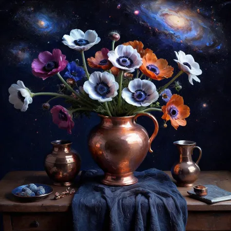 Still life with galaxy, anemone, copper vase