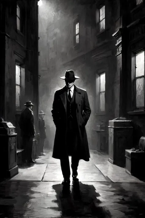 Film noir style well-built Man, ð¤ . Monochrome, high contrast, dramatic shadows, 1940s style, mysterious, cinematic