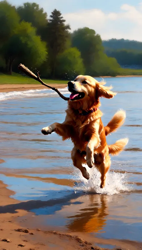 Golden retriever jumping to catch a stick