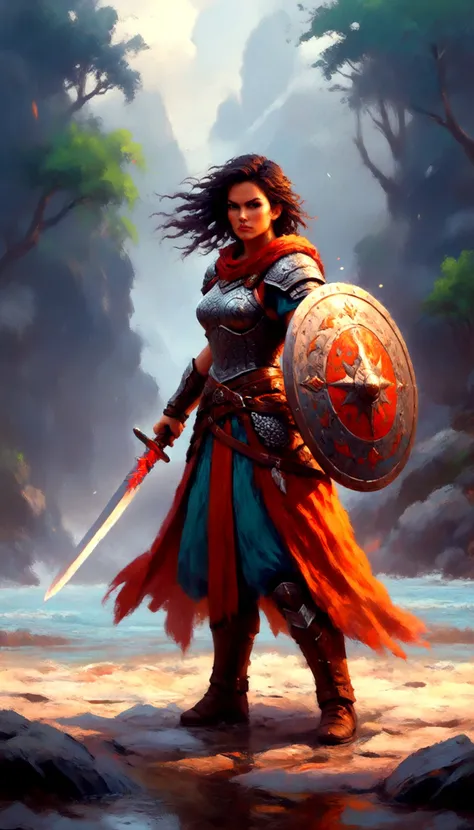 Pixel art of a fierce female warrior with a sword and shield in a fantasy setting, featuring vibrant colors, dynamic lighting, and a dramatic, epic mood