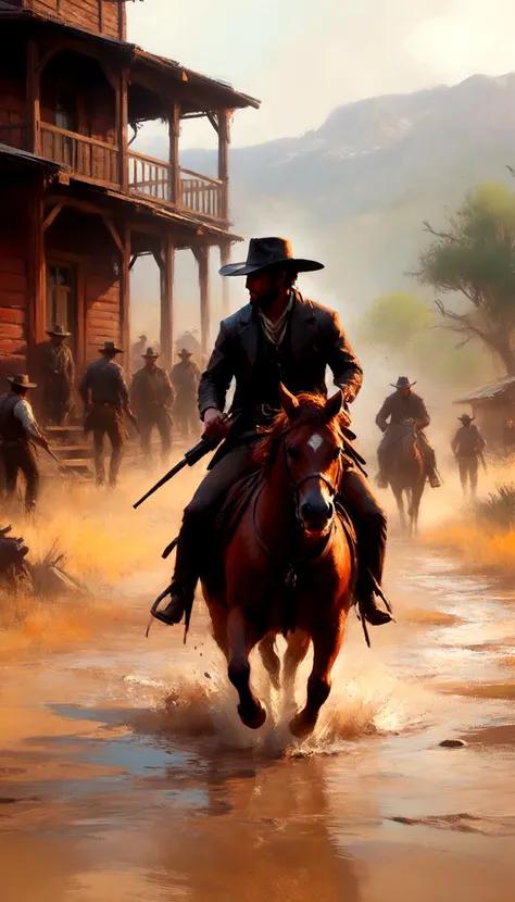 Intricate dynamic action shot of cowboy in a shootout, cinematic Steve Henderson Fabian Perez Henry Asencio Jeremy Mann Marc Simonetti Fantasy, red dead redemption 2 atmosphere, cinematic, photograph