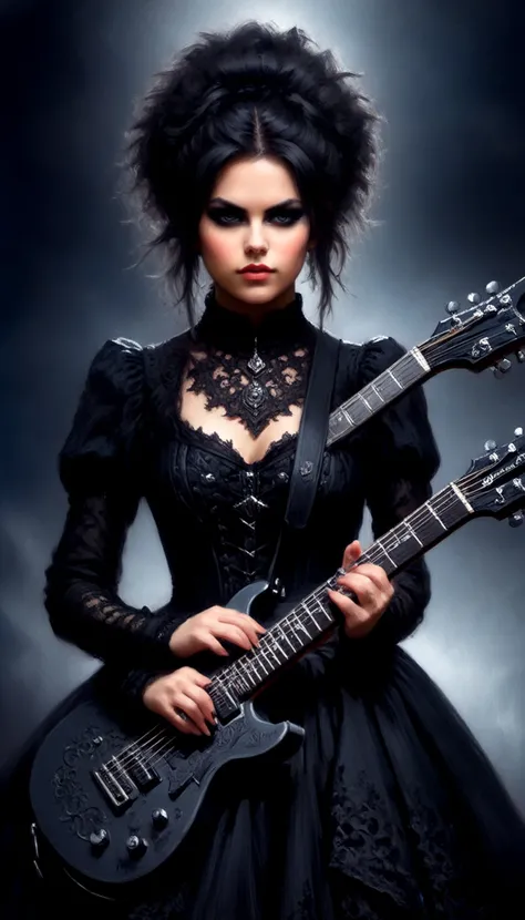 swedish metal rock girl holding a guitar, intense stare into camera, with gothic make-up, intricate details, highly detailed eyes, fancy hair and dark gothic dress, flash photo, on stage, intricate details