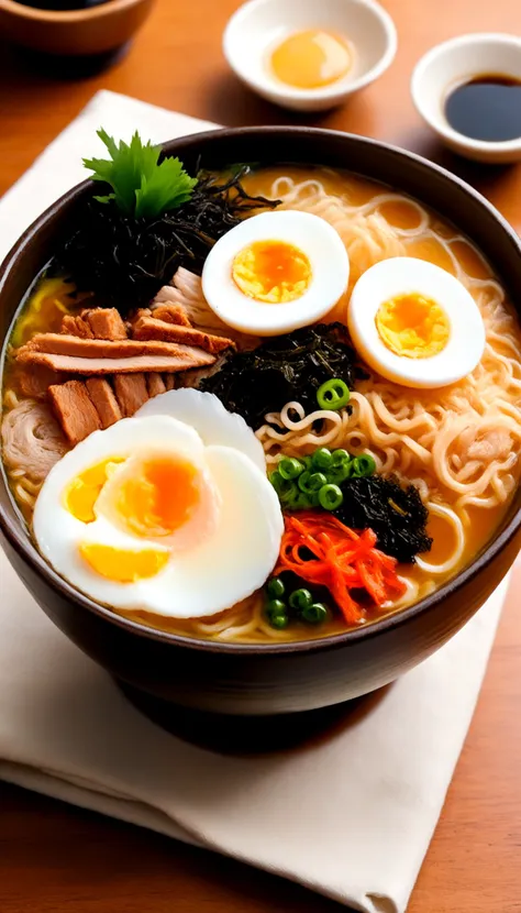 bowl of steaming hot ramen noodles, with a variety of toppings including sliced pork, boiled egg, green onions, and a sheet of nori (dried seaweed). The broth looks rich and flavorful, likely made from a combination of chicken, pork, and dashi.