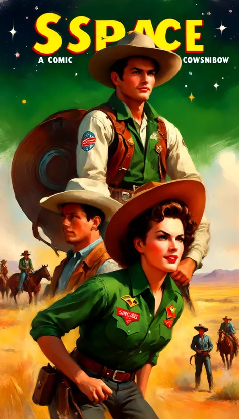 a cover for a comic book, a comic book cover about all space cowboy, 1 cowboy wearing a hat in the style of amazing stories, 1940s 1950s, red and green, comic art, realistic genre scenes, romanticized realism dynamic