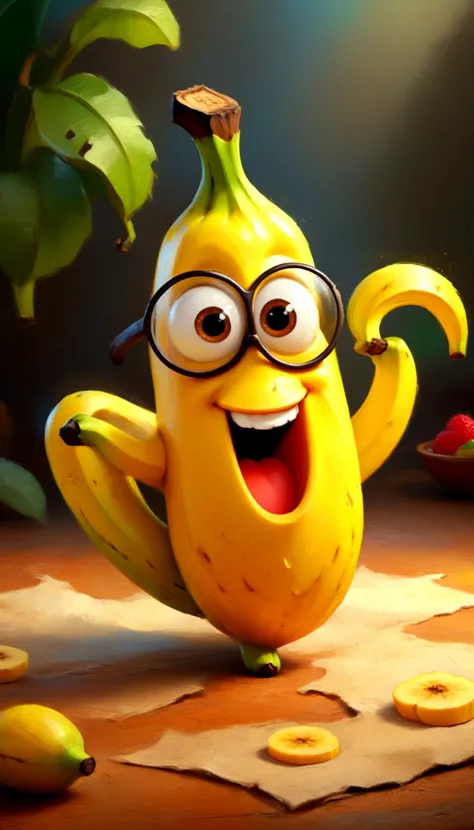 a happy cartoon banana fruit, Pixar Style, perfect composition, 8k artistic photography, photorealistic concept art, masterpiece