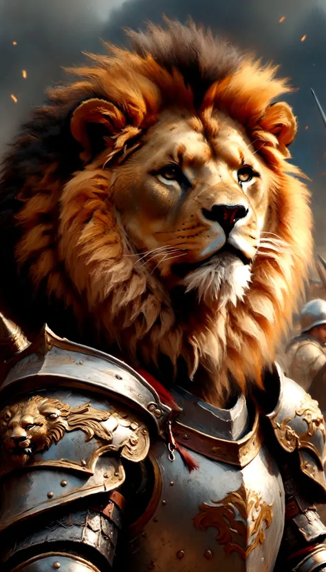 a lion in armor poses for a picture, cinematic close shot