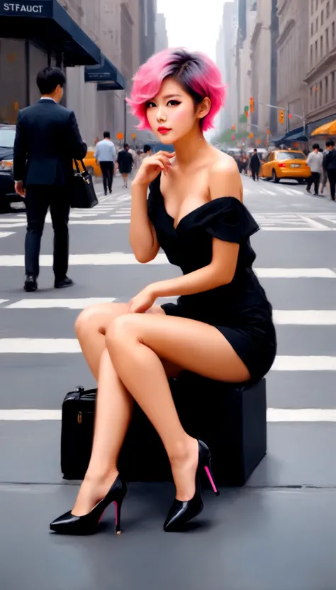 photo of sexy Korean girl sitting on 5th avenue wearing high heels, short pink hair, dark makeup