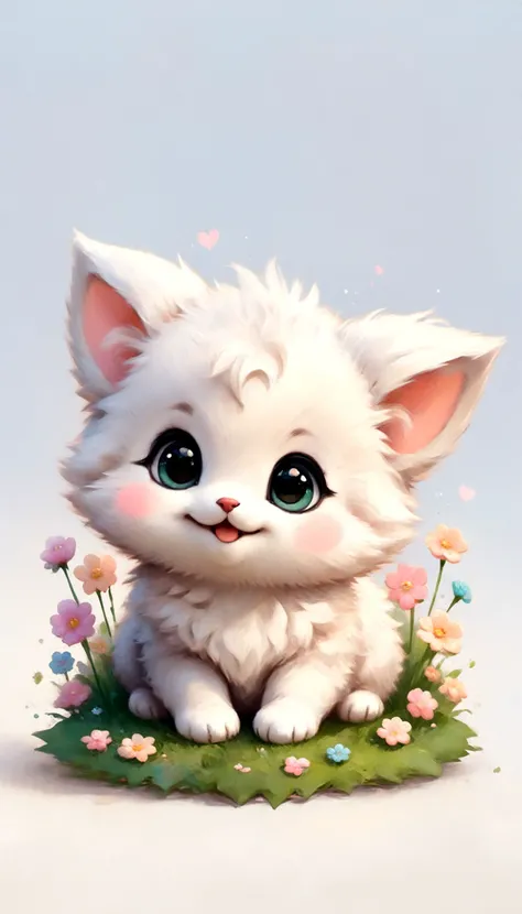 Sticker of a cute, round little animal with big, sparkling eyes and a gentle smile on its face. It has soft, pastel-colored fur. The small critter is surrounded by dainty, heart-shaped flowers in complementary pastel shades, adding to the sticker's overall charm.The white background provides the perfect canvas for this adorable creature, allowing its pastel features to pop and catch the eye. The sticker design exudes a warm and playful energy, making it an endearing addition to any item it adorns.