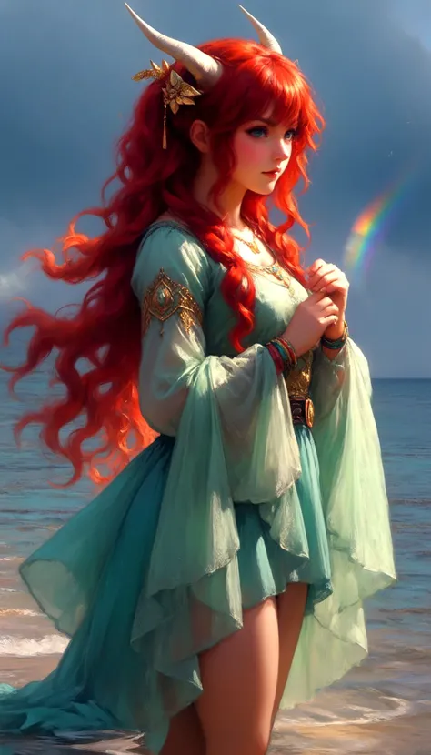 1girl, solo, back light, rainbow, aqua eyes, fake horns, red hair, long hair, crop top, jewelry, horns, veil, bracer, brooch, puffy long sleeves, skirt, bangs, low twintails, puffy sleeves, neck ring, gold trim, parted bangs, arm up, blue skirt, hair ornament, detached sleeves, floating hair, gem, hair flower, blue gemstone