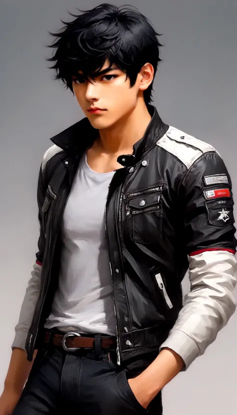 1boy, black hair, white background, short cut hair, leather jacket, tshirt, upper body, detailed shape, detailed line, art of fighting attitude, color manga style