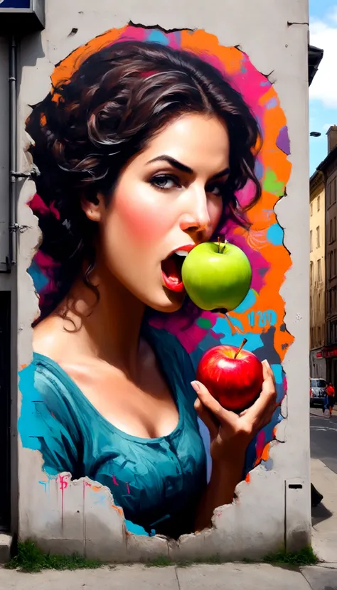 graffiti of a woman eating an apple in a wall, street art, vibrant, urban, detailed, tag, mural