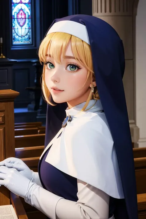 professional photo of iris, blue eyes, blonde hair,nun, white gloves, BREAK dress, robe,
detailed skin, detailed eyes, finely detailed hair, church altar, looking at viewer,
volumetric light, highrez, masterpiece, best quality,
<lora:iris_ver1.0:0.79:MIDD>