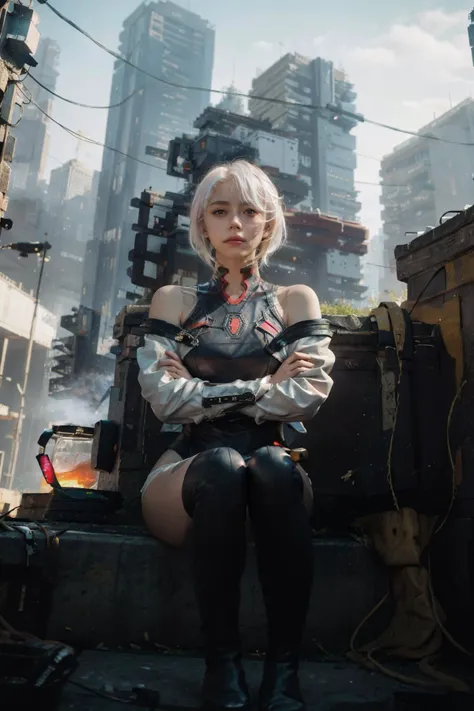 (masterpiece, best quality:1.4), (photorealistic), (intricate detailed), (realistic details), highly detailed,
a beautiful girl, Faint accent lights, film grain, photography, misty and foggy atmosphere, dynamic pose, nsfw, <lora:cpedgerunners_lucy:0.8> cplucy, slight smile, looking at viewer, crossed arms, jacket, open jacket, black leotard, bare shoulders, cyborg, lucy_cyberpunk, white short hair, multicolored hair, white shorts, (cyberpunk city) <lora:Cyberpunk_Concept:0.6> Cyberpunk Concept,