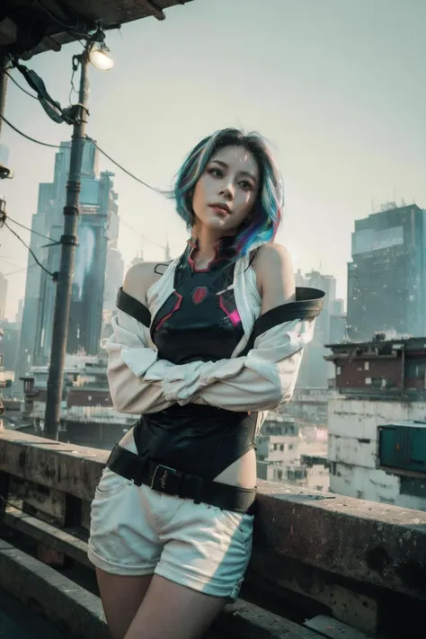 (masterpiece, best quality:1.4), (photorealistic), (intricate detailed), (realistic details), highly detailed,
a beautiful girl, Faint accent lights, film grain, photography, misty and foggy atmosphere, dynamic pose, nsfw, <lora:cpedgerunners_lucy:0.8> cplucy, slight smile, looking at viewer, crossed arms, jacket, open jacket, black leotard, bare shoulders, cyborg, lucy_cyberpunk, white short hair, multicolored hair, white shorts, (cyberpunk city) <lora:Cyberpunk_Concept:0.6> Cyberpunk Concept,