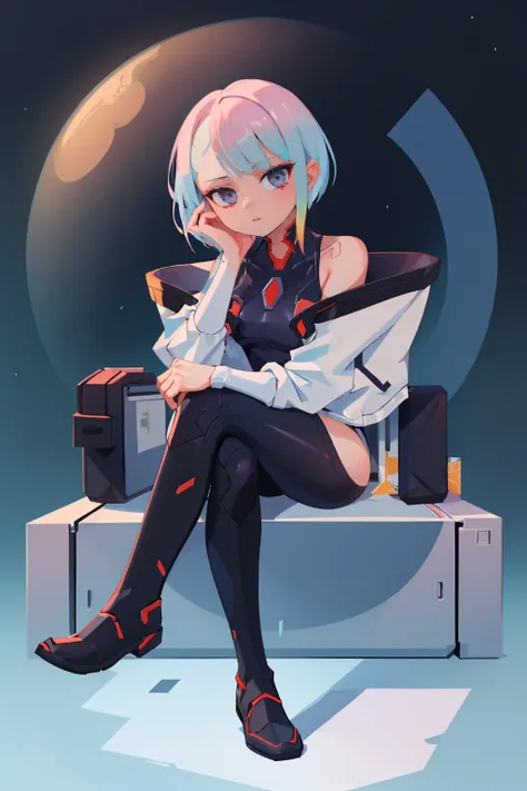 (masterpiece, best quality:1.2), cyberpunk, solo, 1girl, cplucy, expressionless, looking at viewer, sitting, crossed legs, jacket, open jacket, black leotard, bare shoulders <lora:cpedgerunners_lucy:1.0>