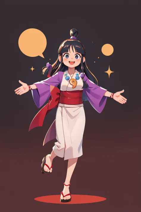 (masterpiece, best quality:1.2), solo, 1girl, maya fey, happy, smile, looking at viewer, outstretched arms, half updo, hair ornament, japanese clothes, kimono, sash, sandals, necklace, magatama <lora:aa_mayafey:1.0>