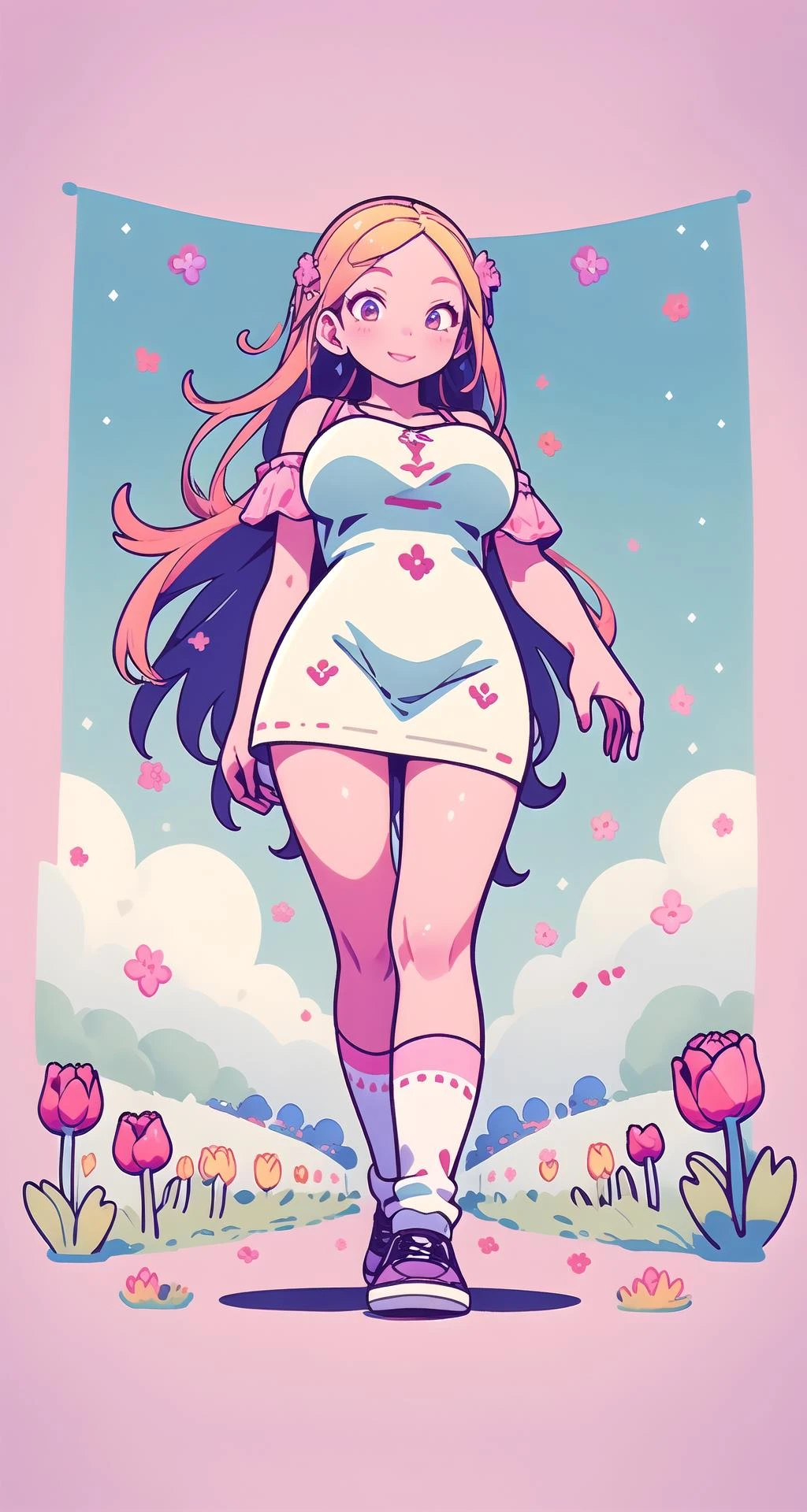 (masterpiece),(intricate details),1girl,mature female,Sleek long hair,,pale skin,large breasts:1.49,smile,brown eyes
BREAK
tight long_dress,((baggy socks,converse)),,
((walking on the vibrant yellow and red tulip fields of the Netherlands, creating a vivid tapestry of colors during springtime)),((cumulonimbus)),((full body)),from below:1.4,depth of field,looking at viewer,<lora:niji-kawayi:1.1>