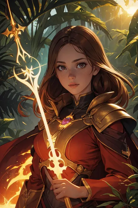 (best quality, masterpiece),
1 girl, adult french woman, freckles, brown eyes, dark blonde medium hair, 
Style-GravityMagic, portrait, solo, upper body, looking at viewer, detailed background, detailed face, (tropical jungle theme:1.1),  sun-sorcerer, bringer of the light,  wearing elaborate red sorcerer clothes, billowing solar cloak,  gazing into the sun, enchanted amulet of the sun, bruning spear of solar power,    radiating, enchanted burning aura, supernova in background, symphony of light, clouds parting, ethereal atmosphere,