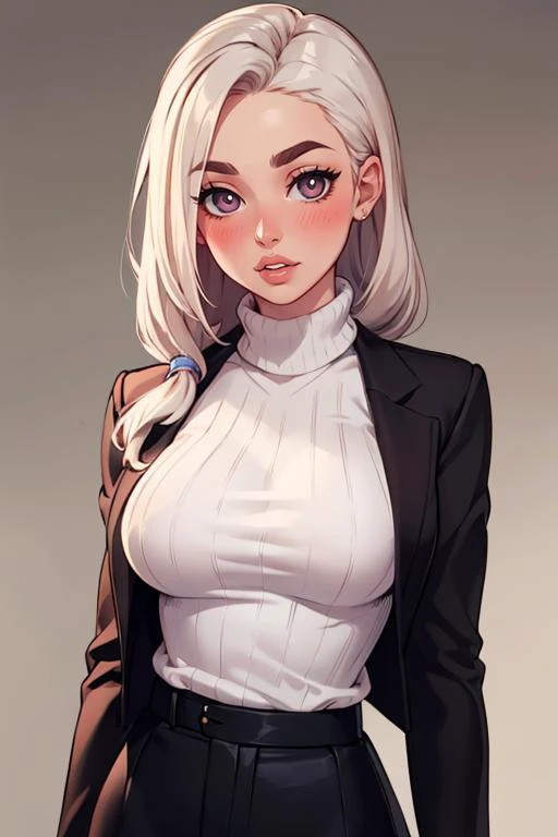 (masterpiece, best quality:1.2),good hands,nice hands, <lyco:GoodHands-beta2:1.0>,eyeai,jacket,large breasts,pixiv commission,turtleneck sweater,straight hair,white sweater,sweater,parted lips,brown background,eyebrows visible through hair,white pupils,blush,business suit,highres