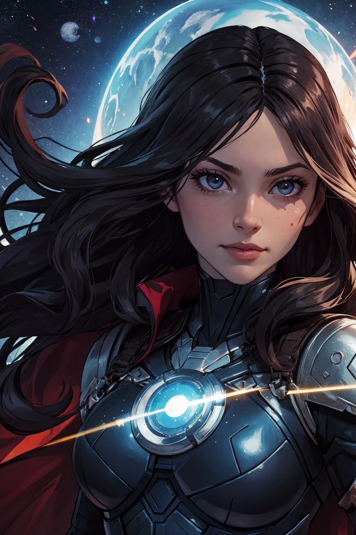 (best quality, masterpiece),
1 girl, adult (elven:0.7) woman, black eyes, dark brown beach waves hair,
Style-GravityMagic, portrait, (bloody scars:0.7), looking at viewer, solo, upper body, detailed background, close up, ( x-men theme:1.1), superhero, light smile, fighting stance, cape, outer space, stars, asteroids, comets, weightless, galaxy, flying, debris, floating particles, explosions, cinematic atmosphere,