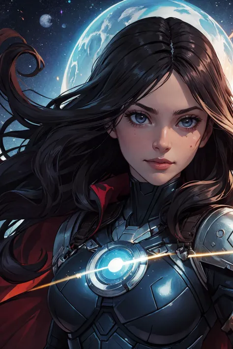 (best quality, masterpiece),
1 girl, adult (elven:0.7) woman, black eyes, dark brown beach waves hair,
Style-GravityMagic, portrait, (bloody scars:0.7), looking at viewer, solo, upper body, detailed background, close up, ( x-men theme:1.1), superhero, light smile, fighting stance, cape, outer space, stars, asteroids, comets, weightless, galaxy, flying, debris, floating particles, explosions, cinematic atmosphere,